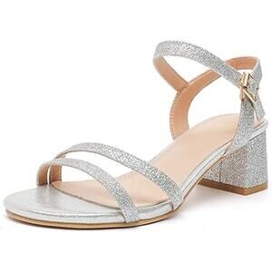 Dadawen Womens Size 9 Silver Glitter Open Toe Ankle Strap 2.5" Block Heel Shoes